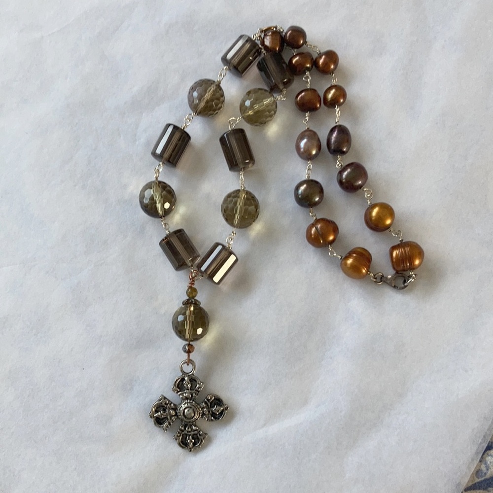 New Smokey Quartz Freshwater Pearl Necklace Cross Pendant Artisa…